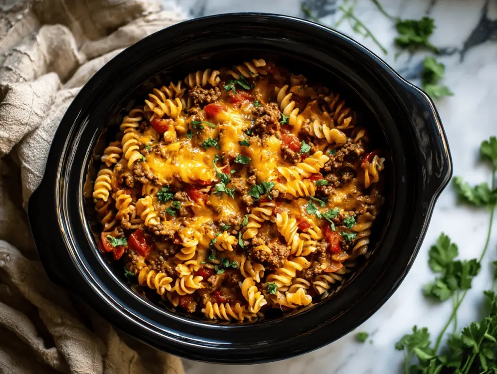 Crockpot Cheesy Taco Pasta Bake - featured image
