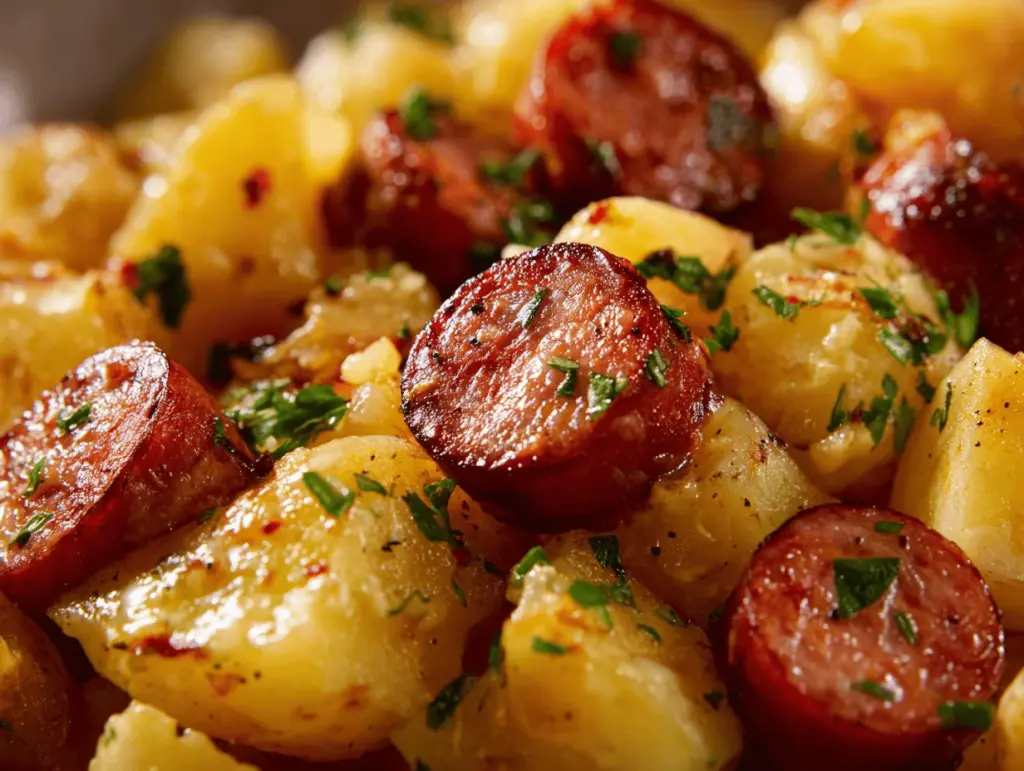 slow cooker cheesy ranch potatoes & sausage casserole - featured image