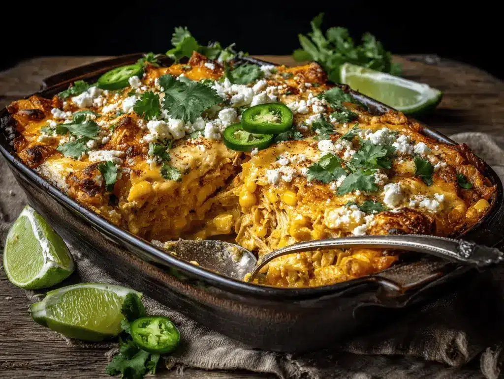 slow cooker creamy street corn chicken enchilada casserole - featured image