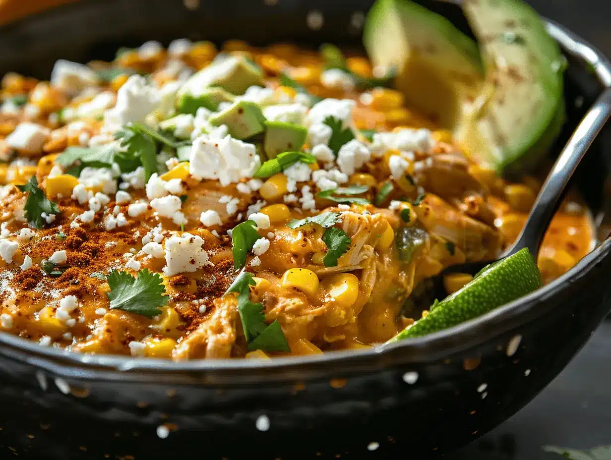 slow cooker creamy street corn chicken enchilada casserole preparation steps