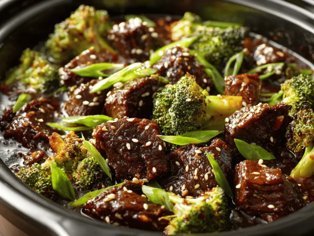 slow cooker honey garlic beef and broccoli - featured image
