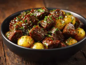 slow cooker honey garlic butter steak bites - featured image