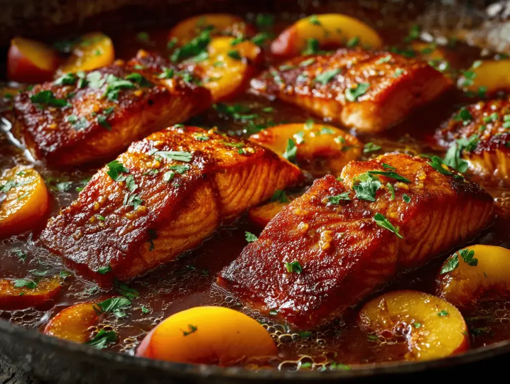 bourbon peach roasted salmon - featured image