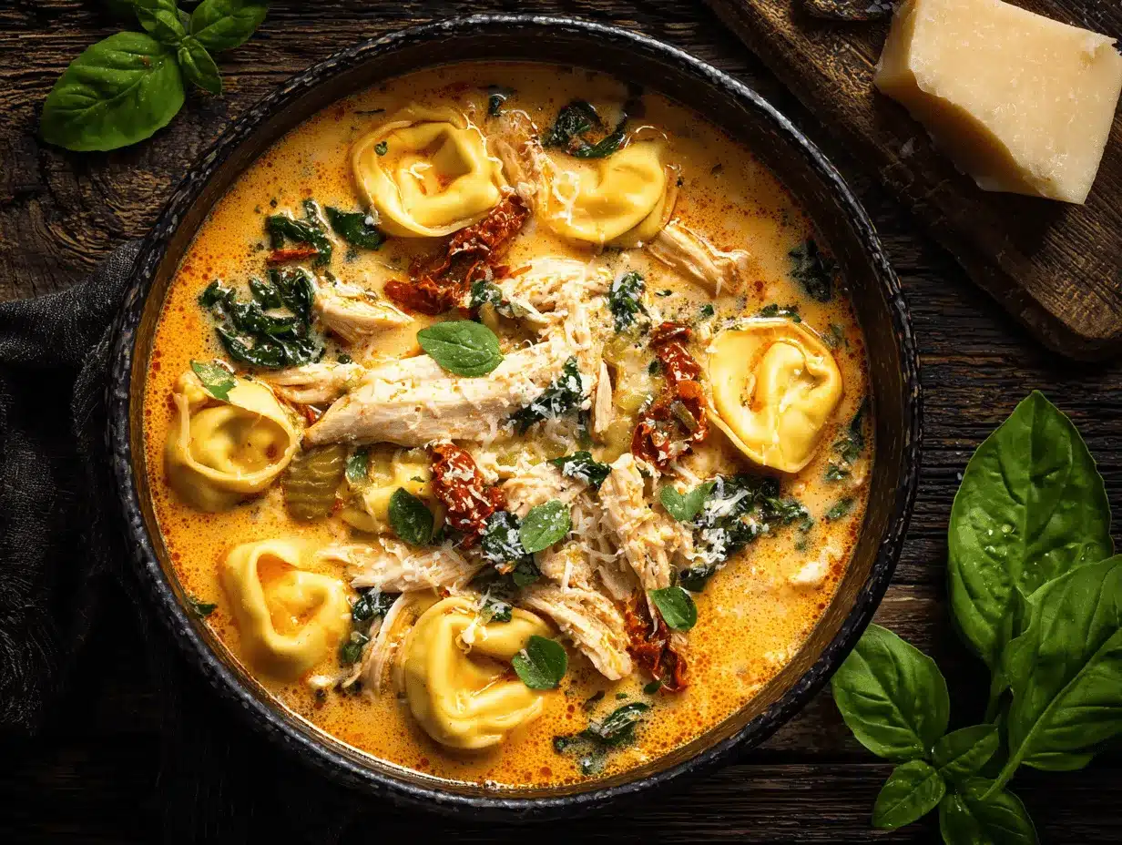 creamy Tuscan chicken tortellini soup preparation steps