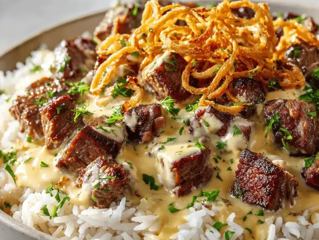 loaded steak queso rice bowls - featured image