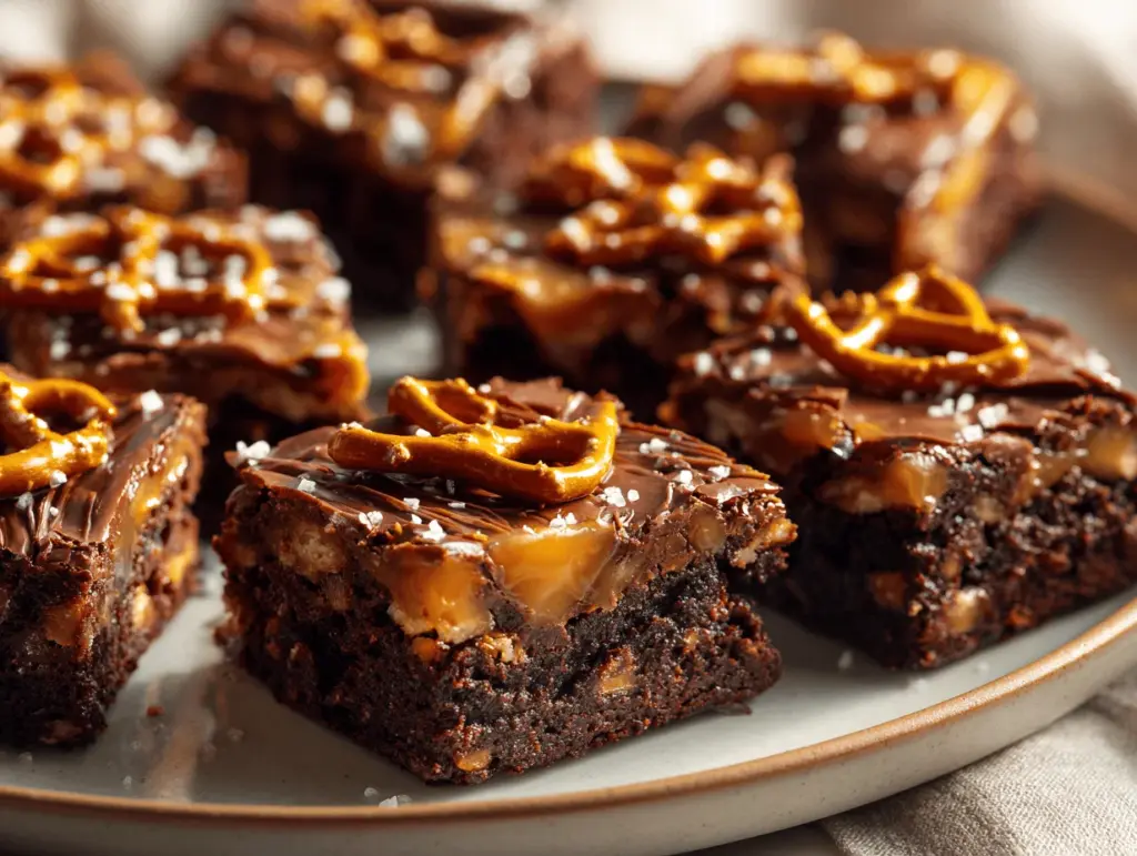 salted caramel pretzel fudge brownies - featured image