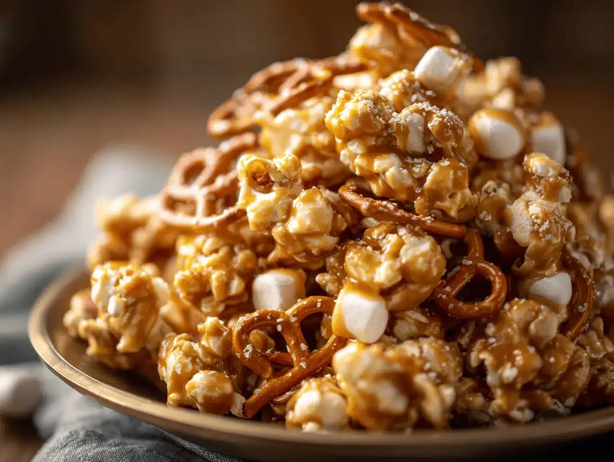 salted caramel pretzel marshmallow popcorn clusters preparation steps