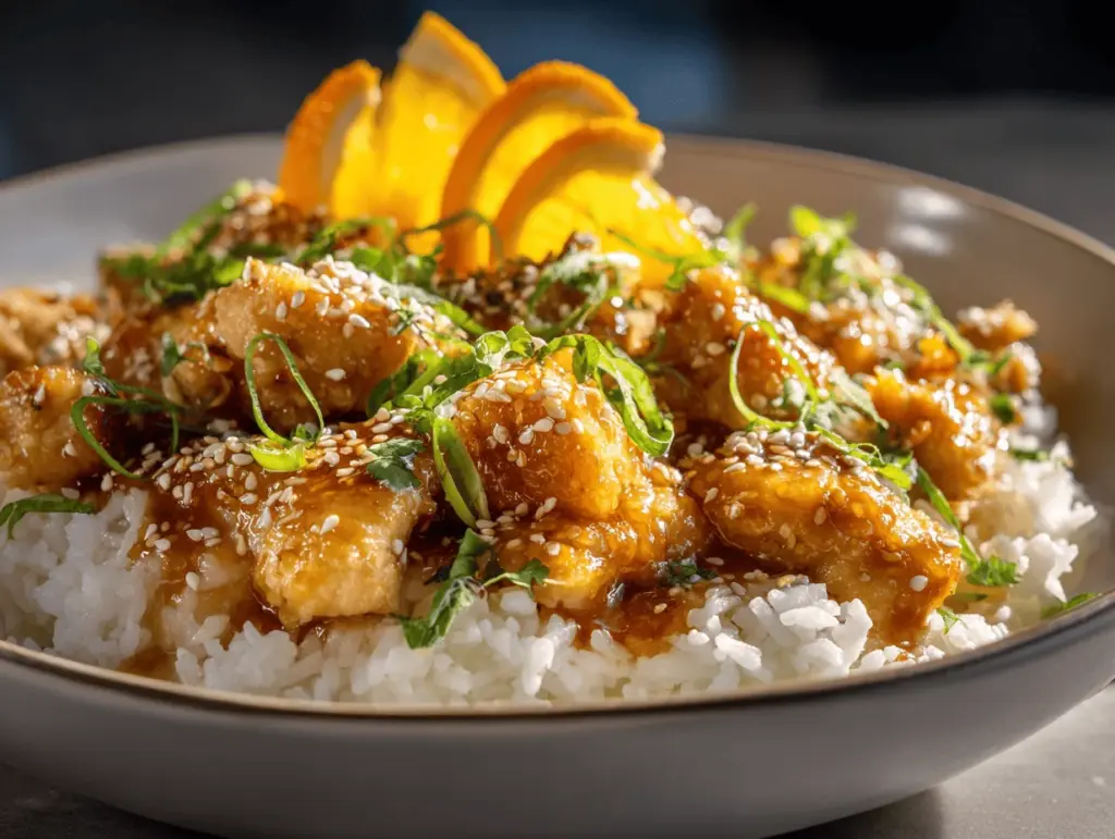 sesame orange chicken bowls - featured image