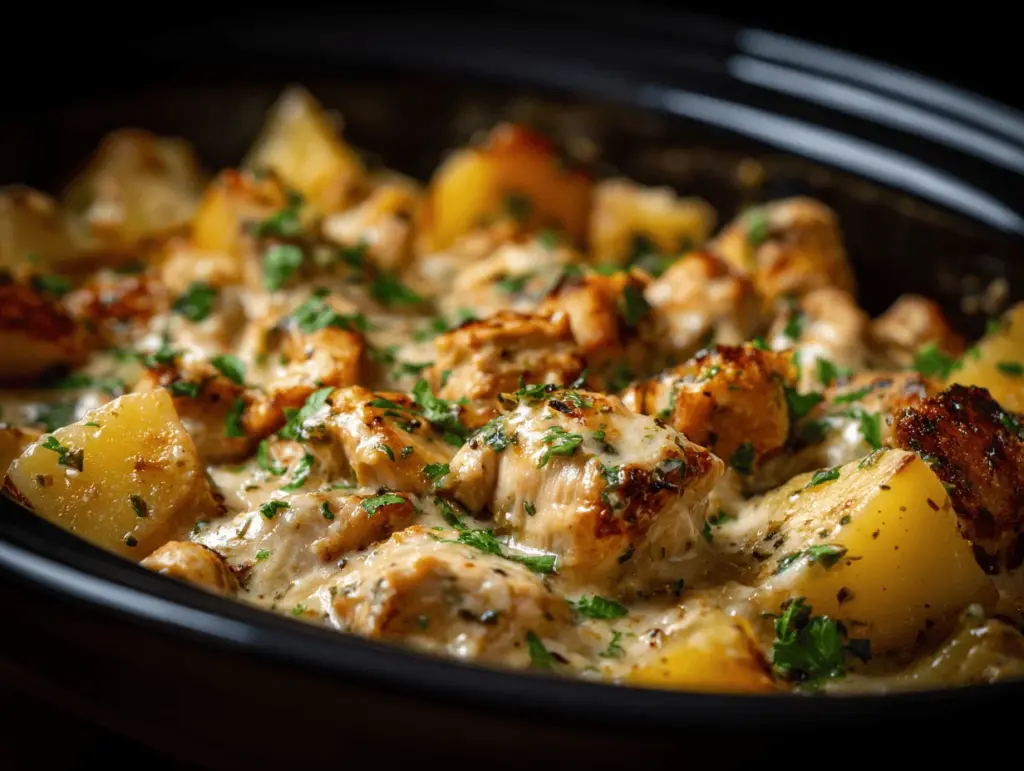 slow cooker garlic parmesan chicken and potatoes - featured image
