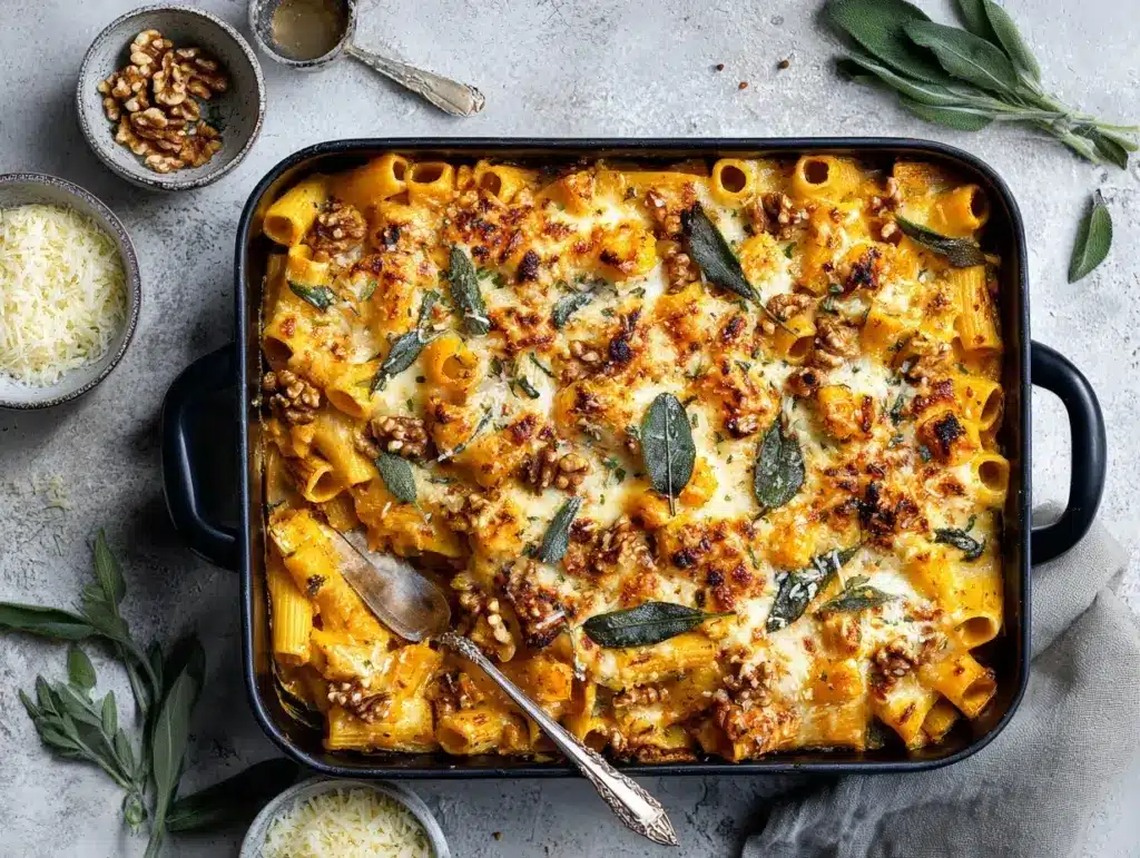 cheesy pumpkin pasta bake - featured image