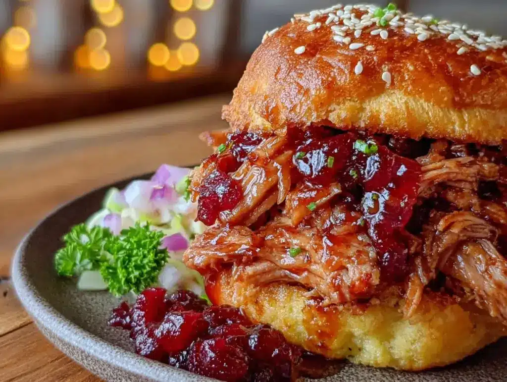 cranberry sauce BBQ pulled turkey sandwich - featured image