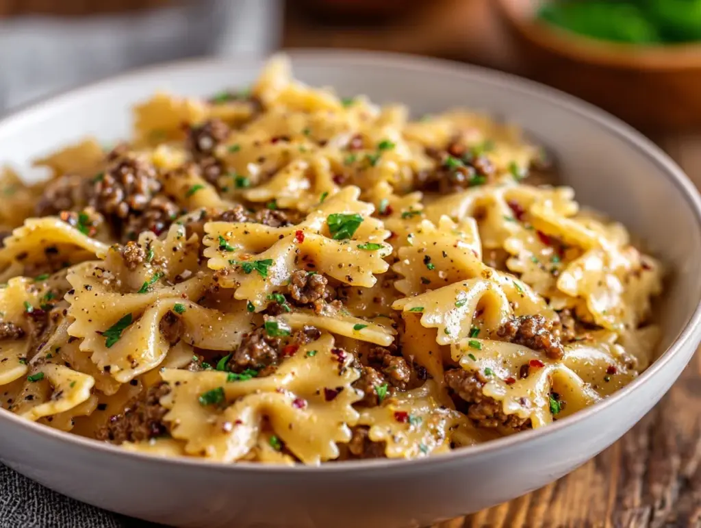 Parmesan Garlic Beef Bowtie Pasta - featured image
