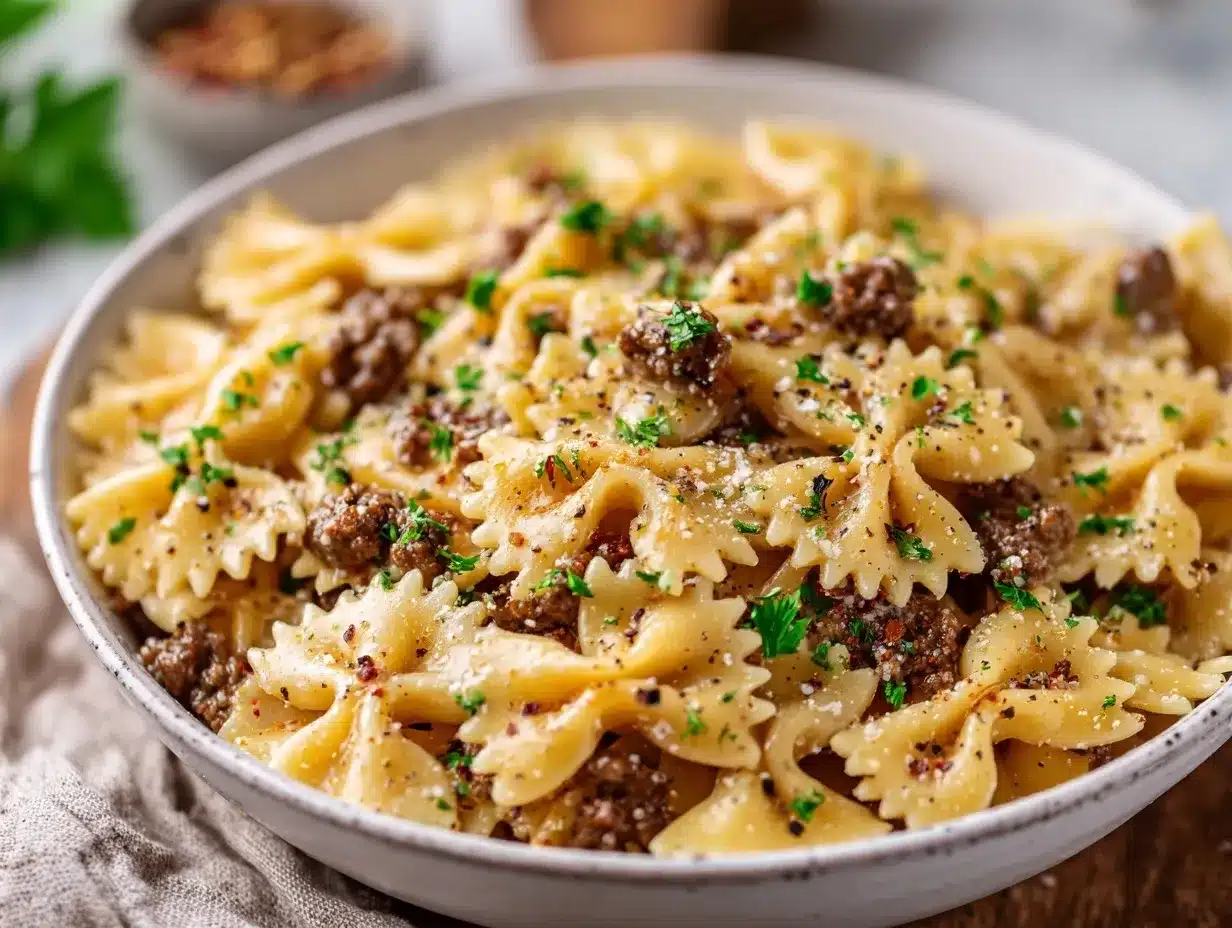 Parmesan Garlic Beef Bowtie Pasta preparation steps