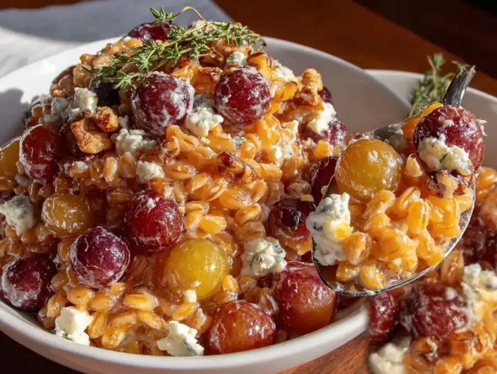 creamy farro with roasted grapes and blue cheese - featured image