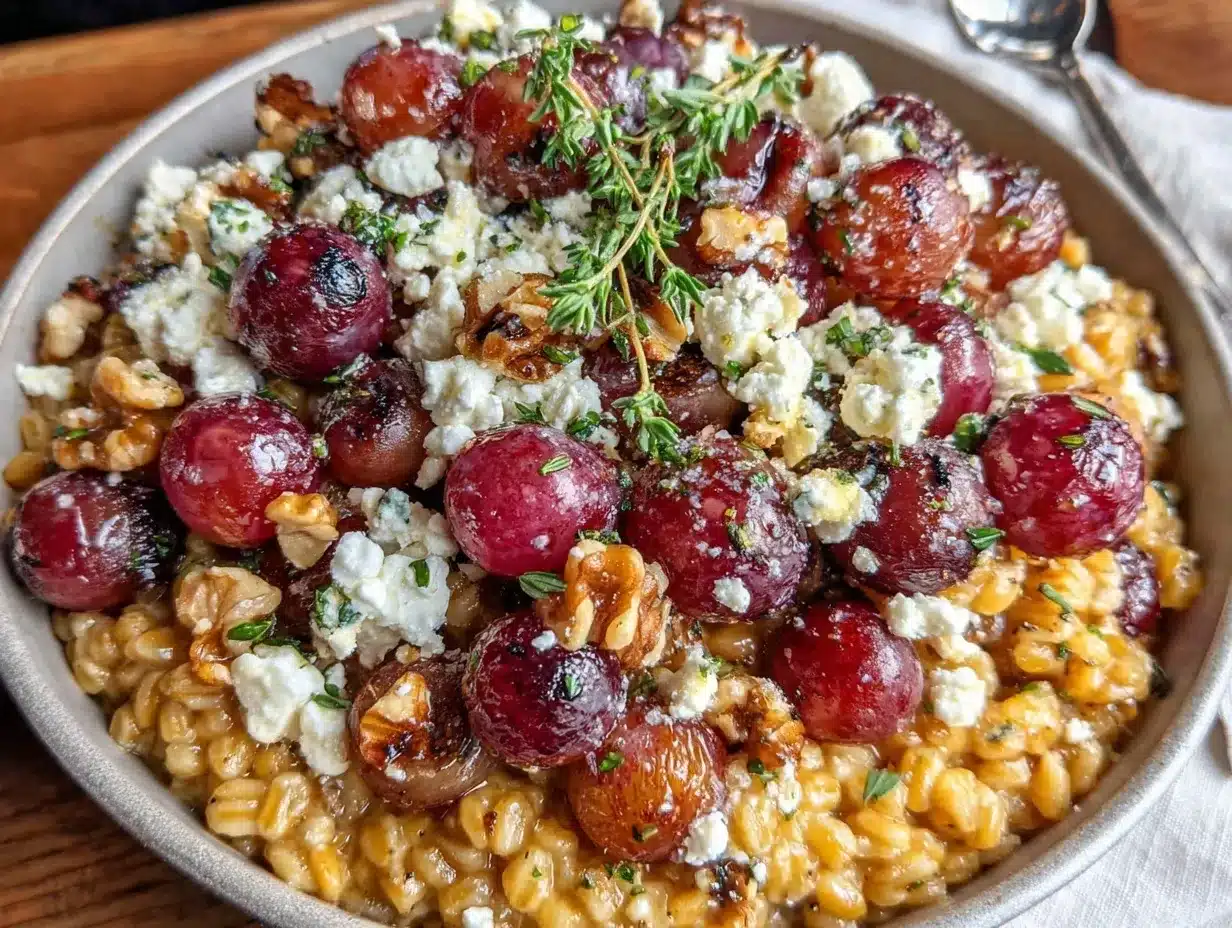 creamy farro with roasted grapes and blue cheese preparation steps