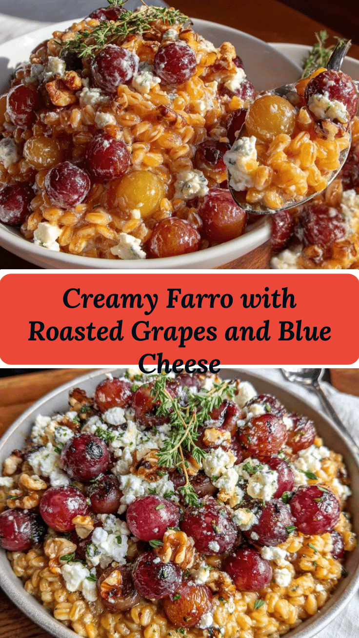 creamy farro with roasted grapes and blue cheese recipe