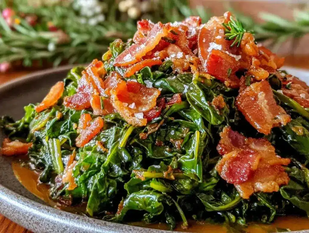 crispy roasted turnip greens with bacon - featured image