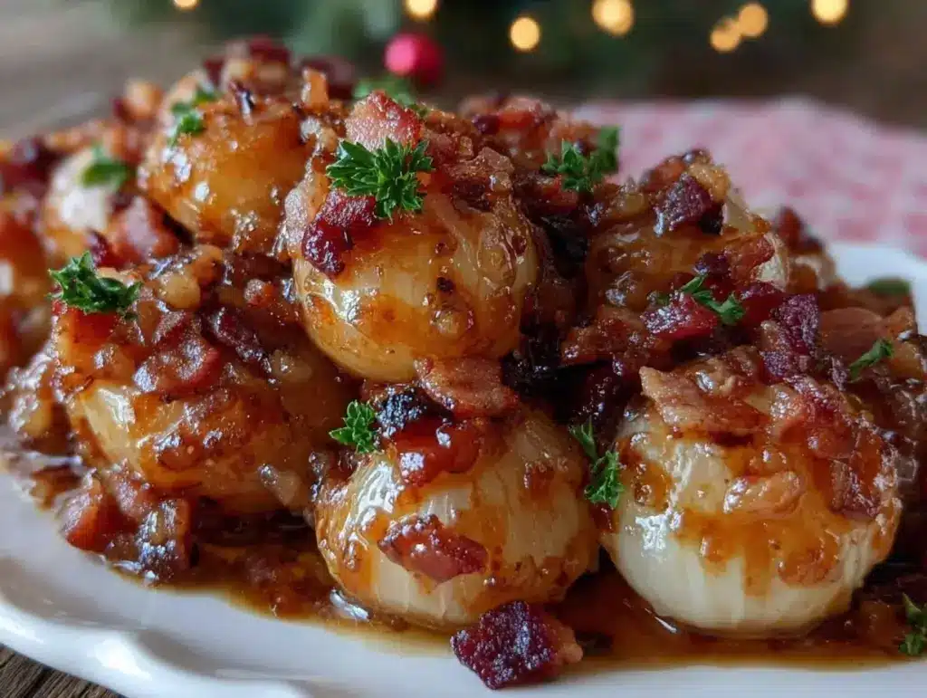 glazed pearl onions with crispy bacon - featured image