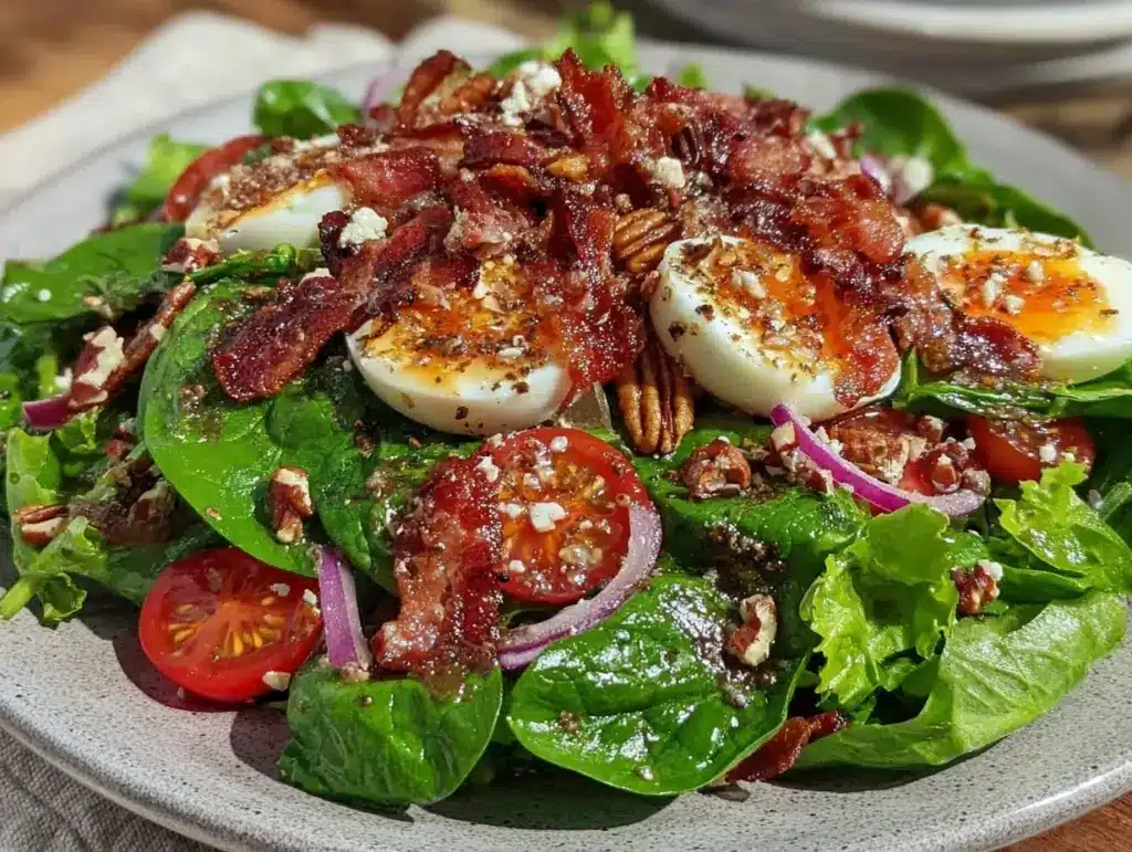 spinach salad with warm bacon dressing - featured image