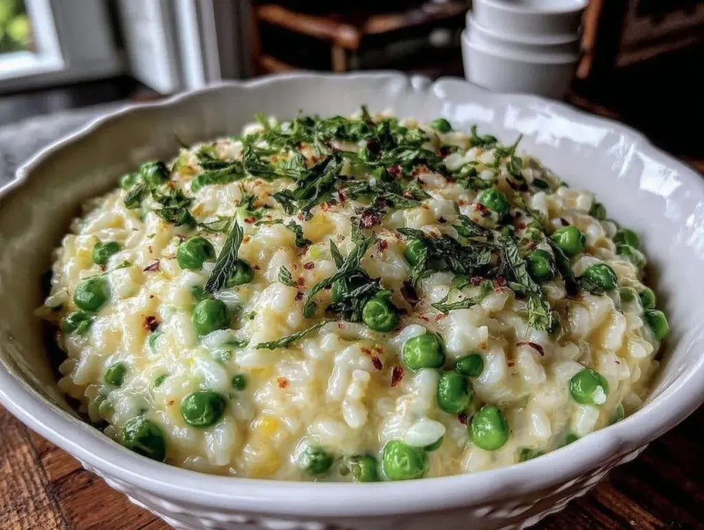 creamy pea and mint risotto - featured image