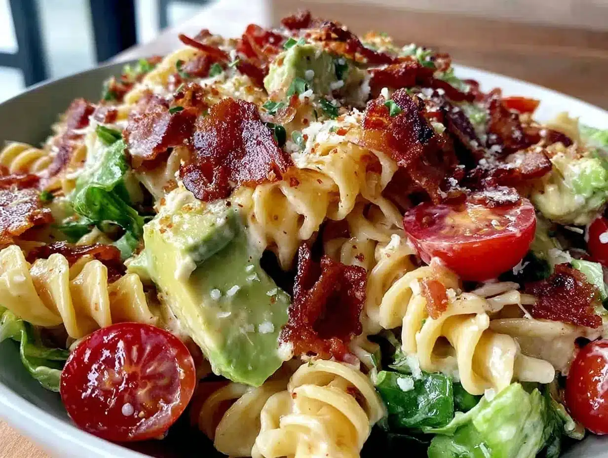 creamy BLT pasta salad with avocado preparation steps