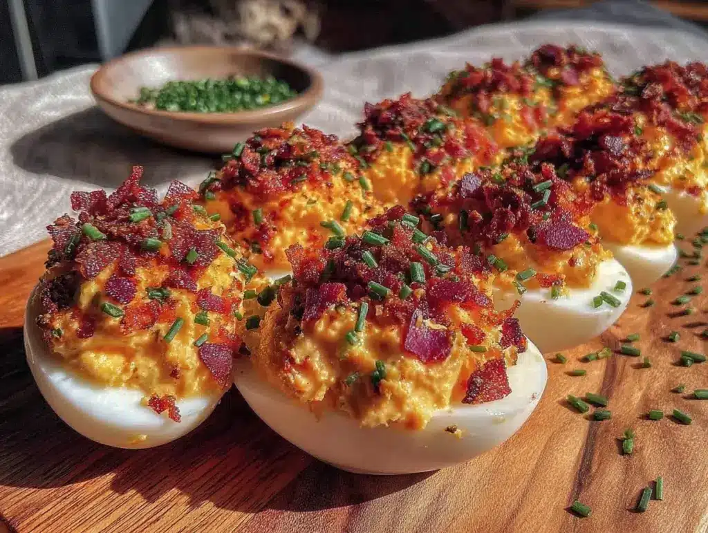 creamy deviled eggs with crispy bacon - featured image