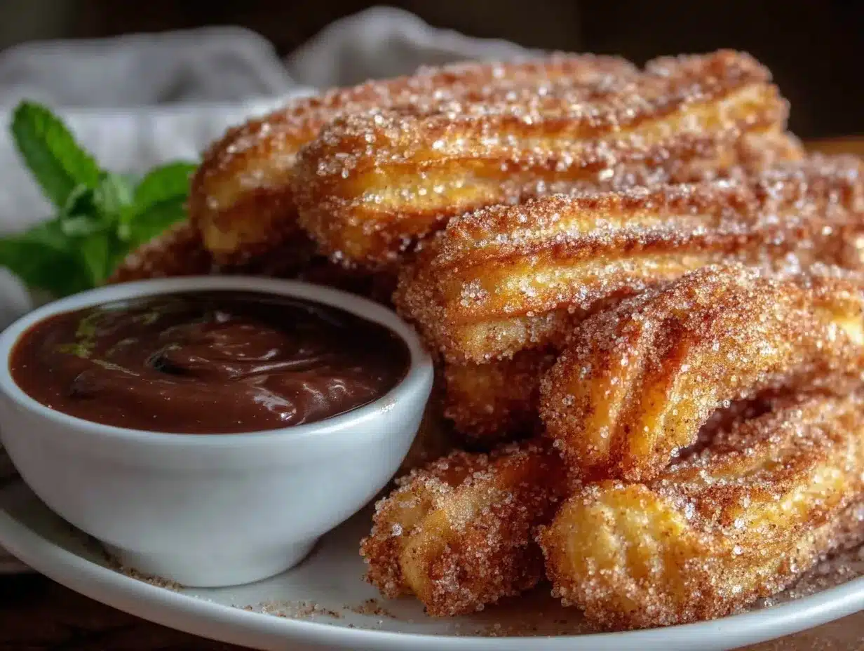 crispy churros with chocolate dipping sauce preparation steps