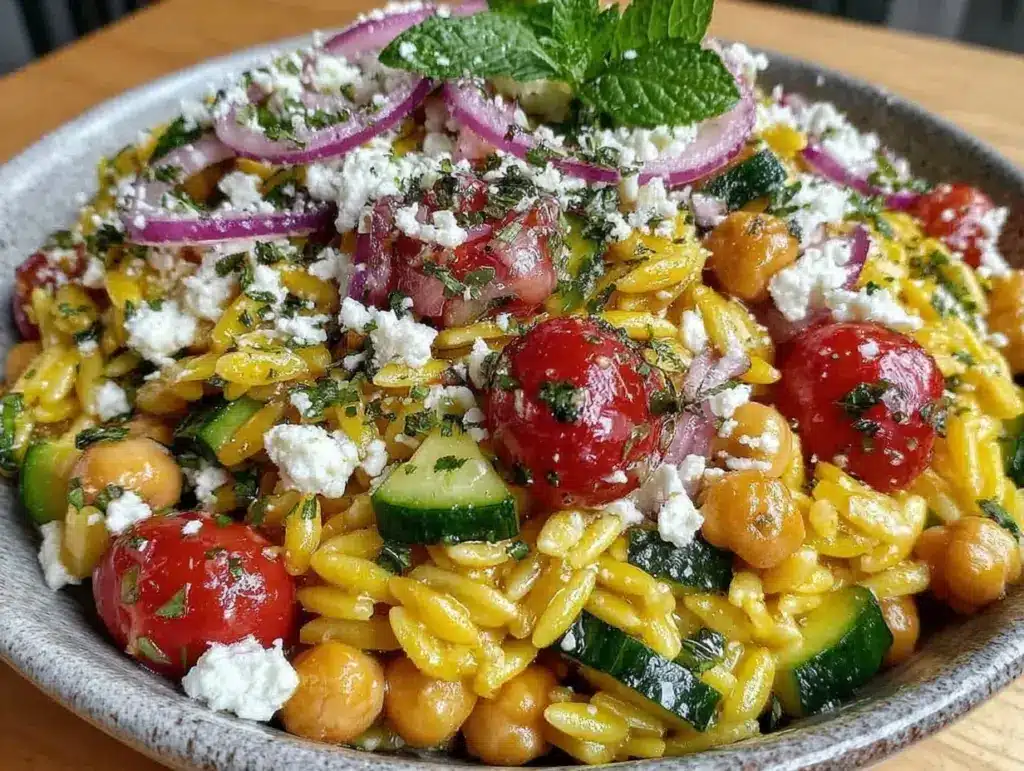 fresh greek orzo salad with chickpeas - featured image