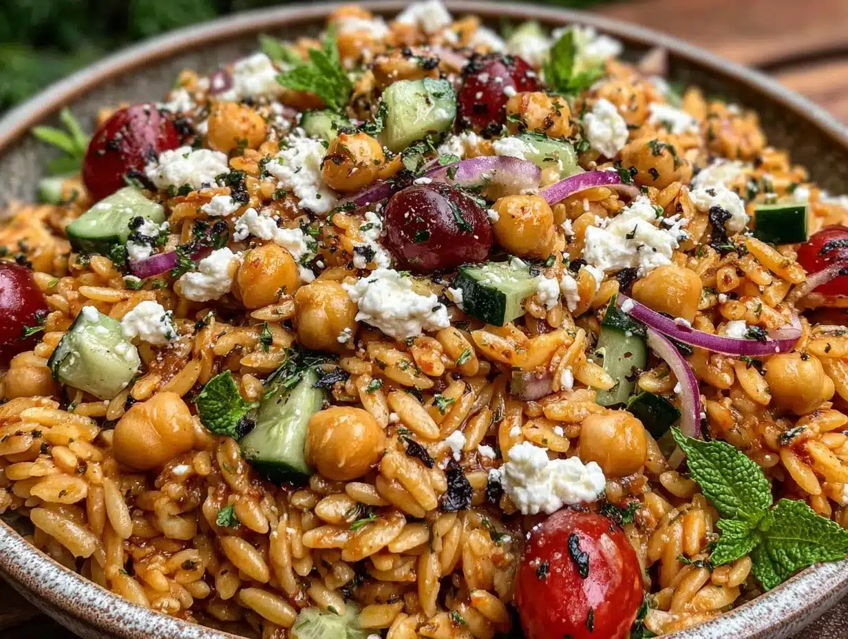 fresh greek orzo salad with chickpeas preparation steps