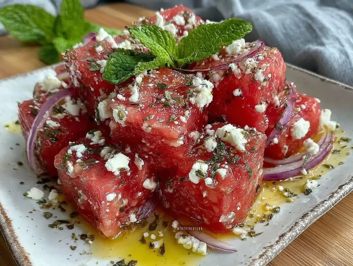 fresh watermelon feta summer salad preparation steps