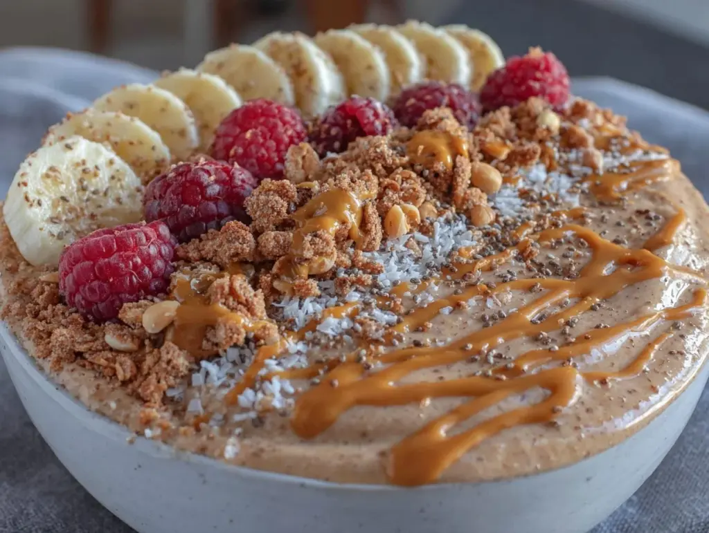 quick creamy peanut butter protein smoothie bowl - featured image