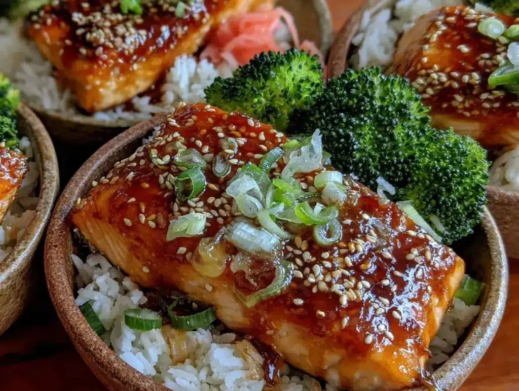 quick teriyaki salmon bowls - featured image