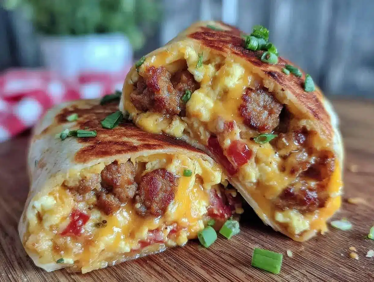 cozy breakfast burrito with sausage and eggs preparation steps