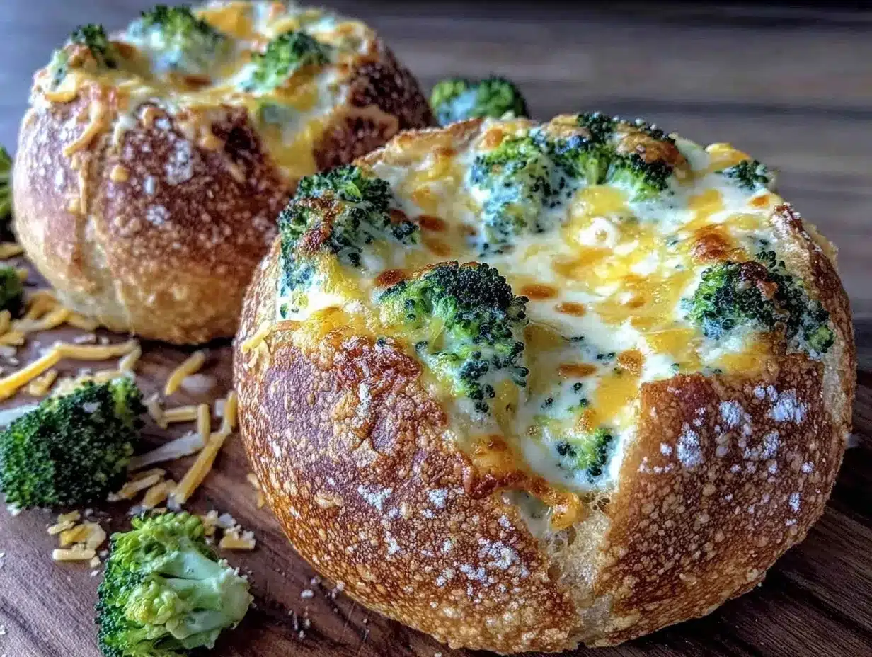 creamy broccoli cheddar soup in artisan bread bowls preparation steps