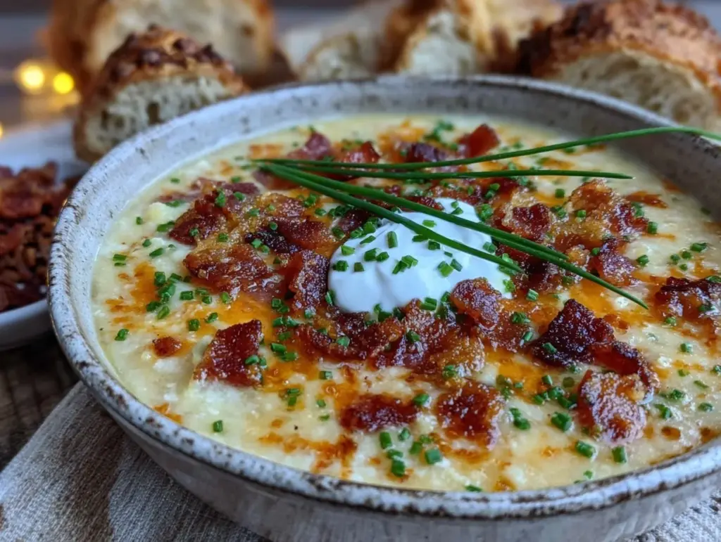 creamy loaded baked potato soup with bacon - featured image