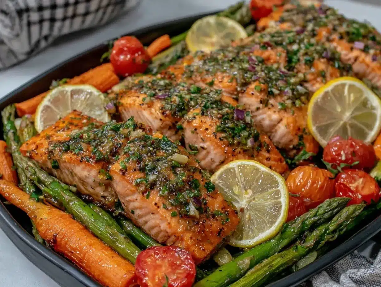 crispy lemon garlic salmon sheet pan dinner preparation steps