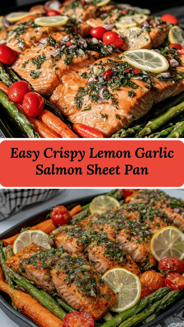 crispy lemon garlic salmon sheet pan dinner recipe