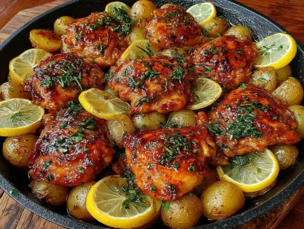 easy crispy one-pan lemon herb chicken and potatoes - featured image