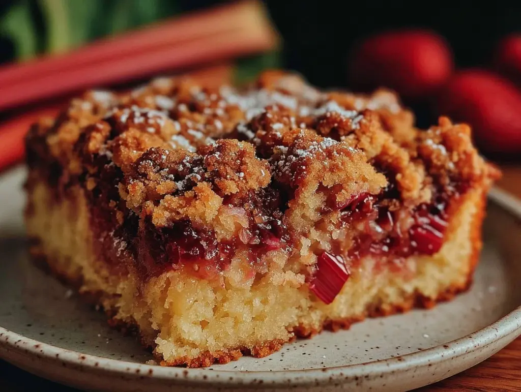 easy tangy rhubarb crumble cake - featured image
