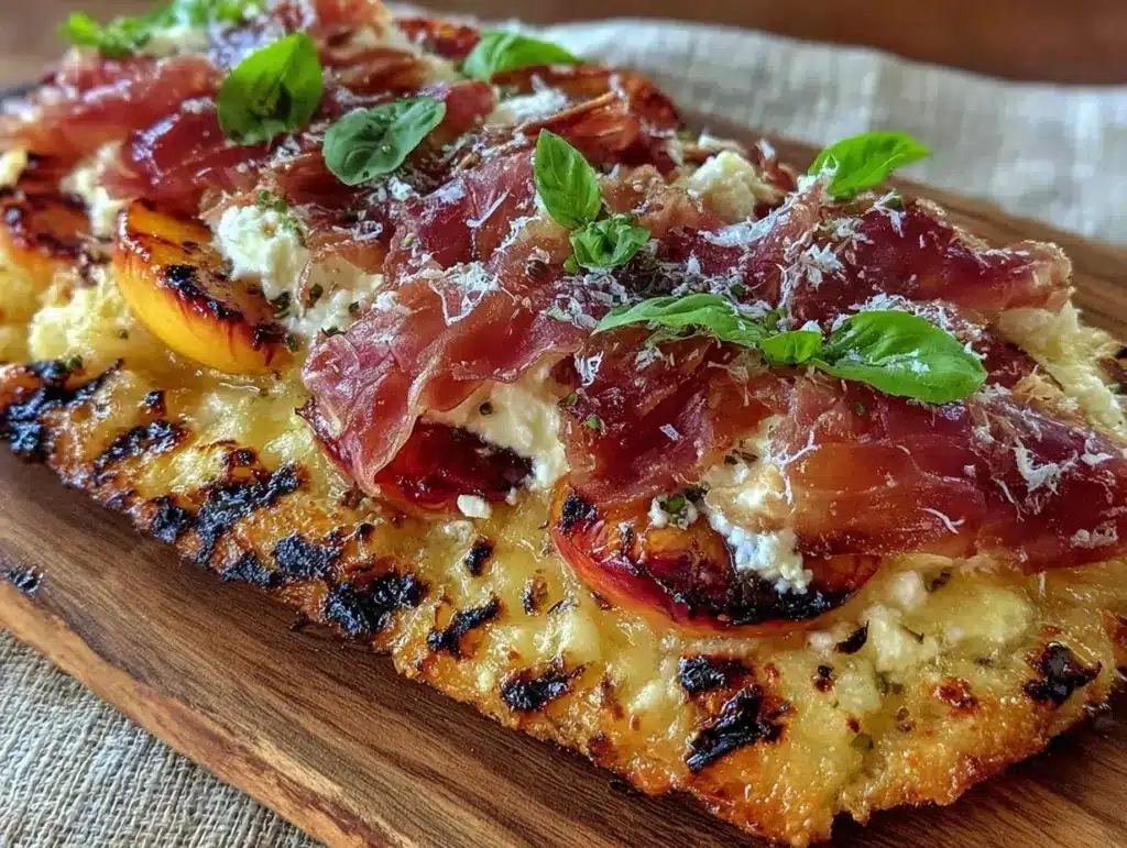 grilled peach and prosciutto flatbread - featured image