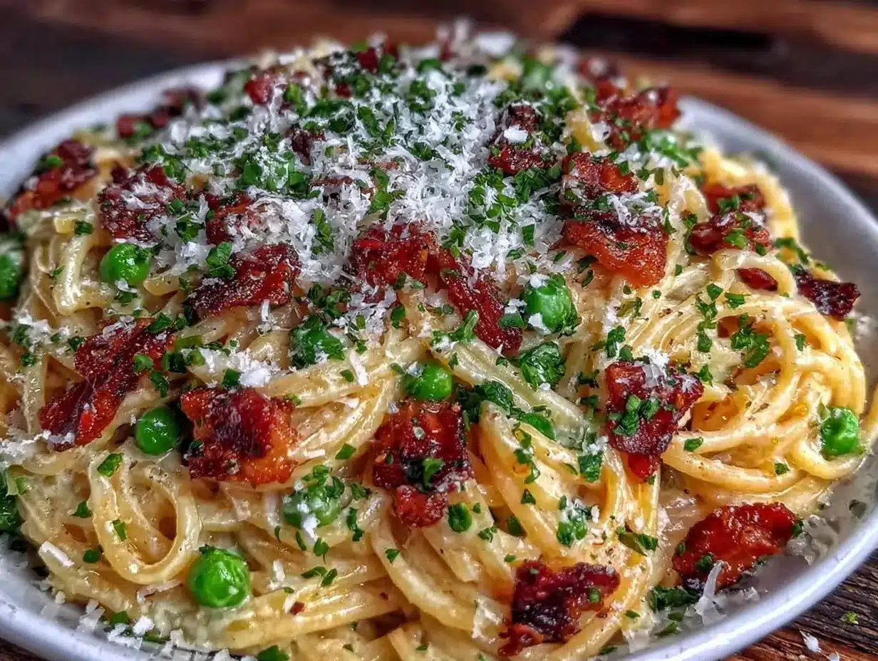 savory pea and pancetta pasta preparation steps