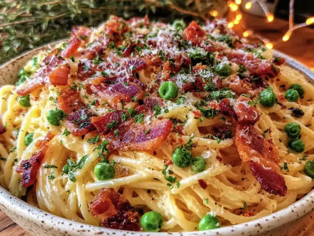spring carbonara with peas and bacon - featured image