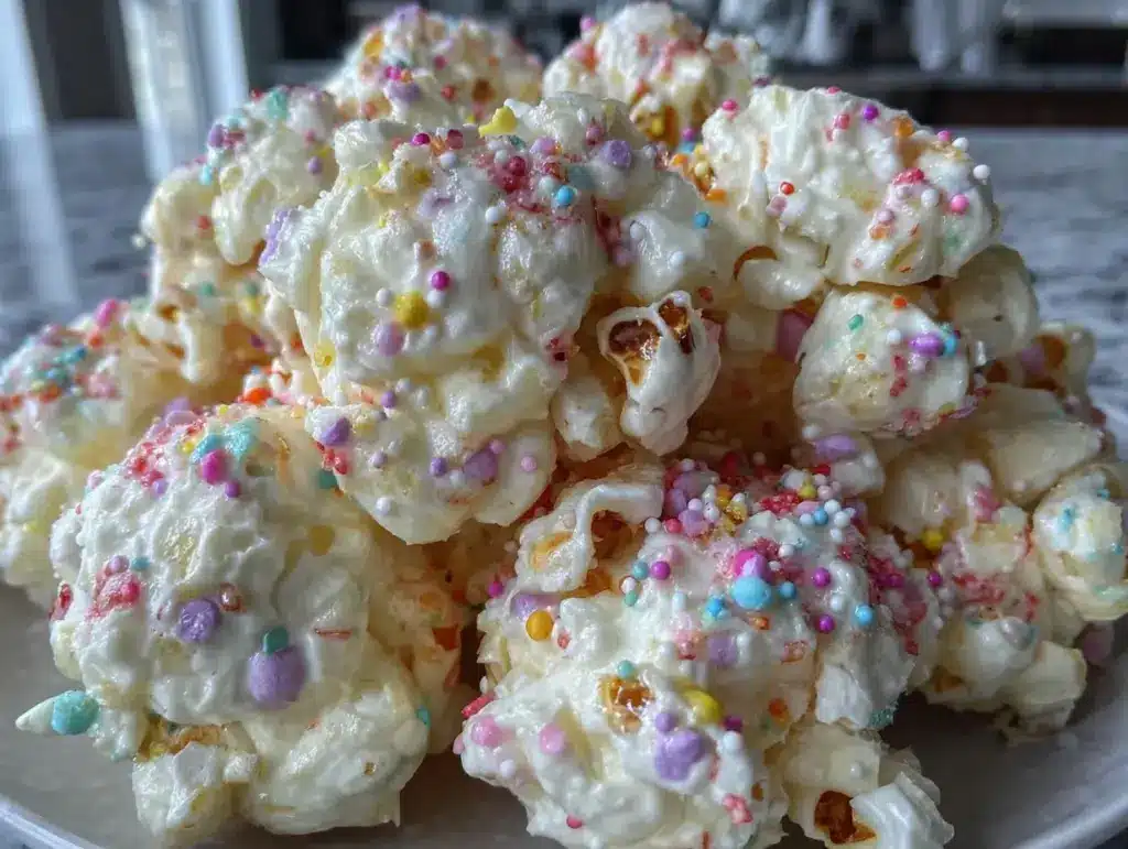 creamy white chocolate birthday cake popcorn - featured image