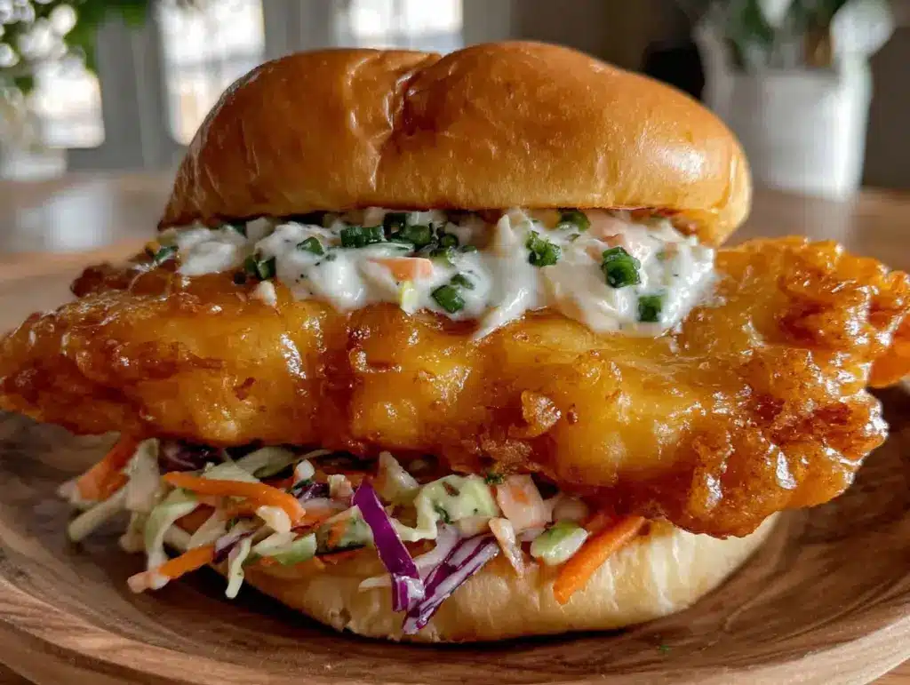 crispy beer battered fish sandwich - featured image