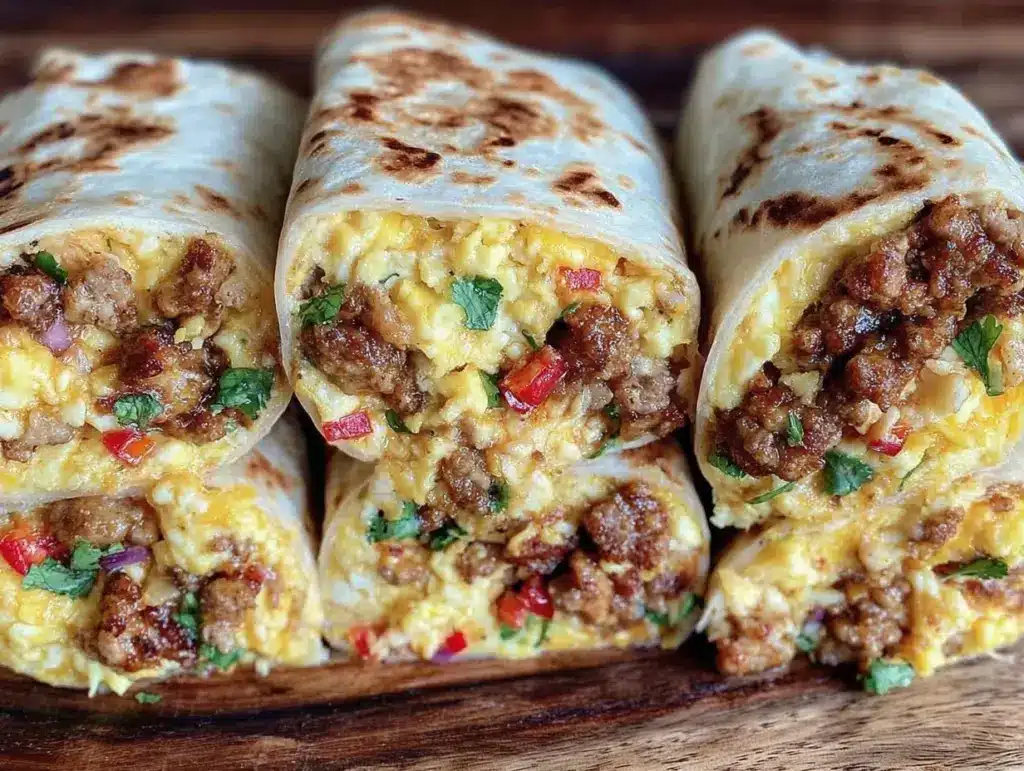 easy cheesy sausage breakfast burrito wraps - featured image