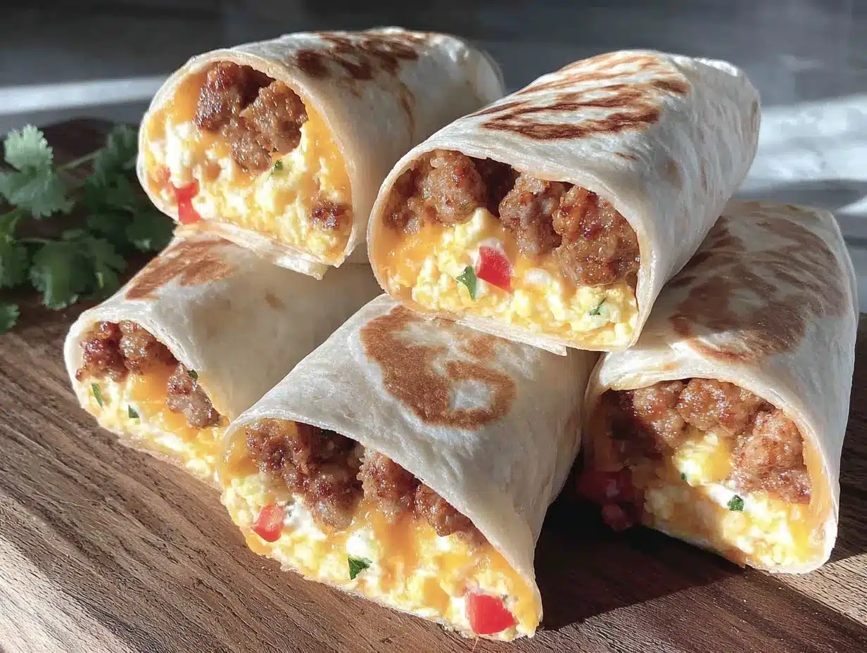 easy cheesy sausage breakfast burrito wraps preparation steps