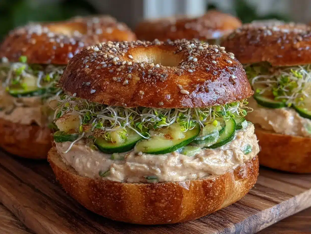 fresh veggie hummus bagel sandwich preparation steps