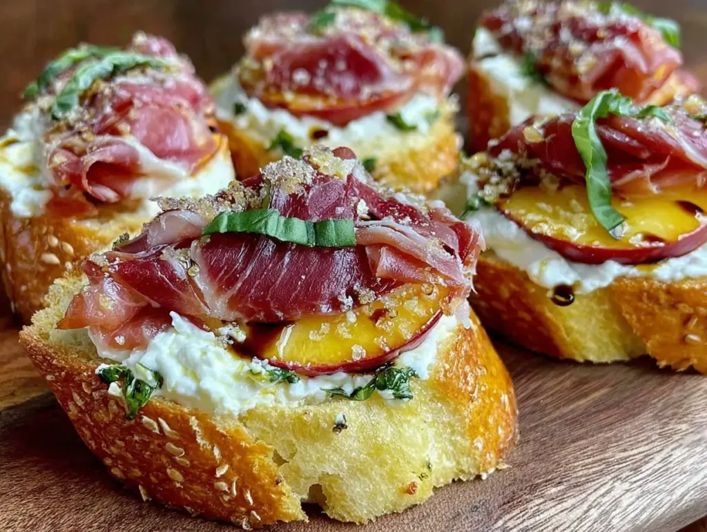 peach and burrata crostini - featured image