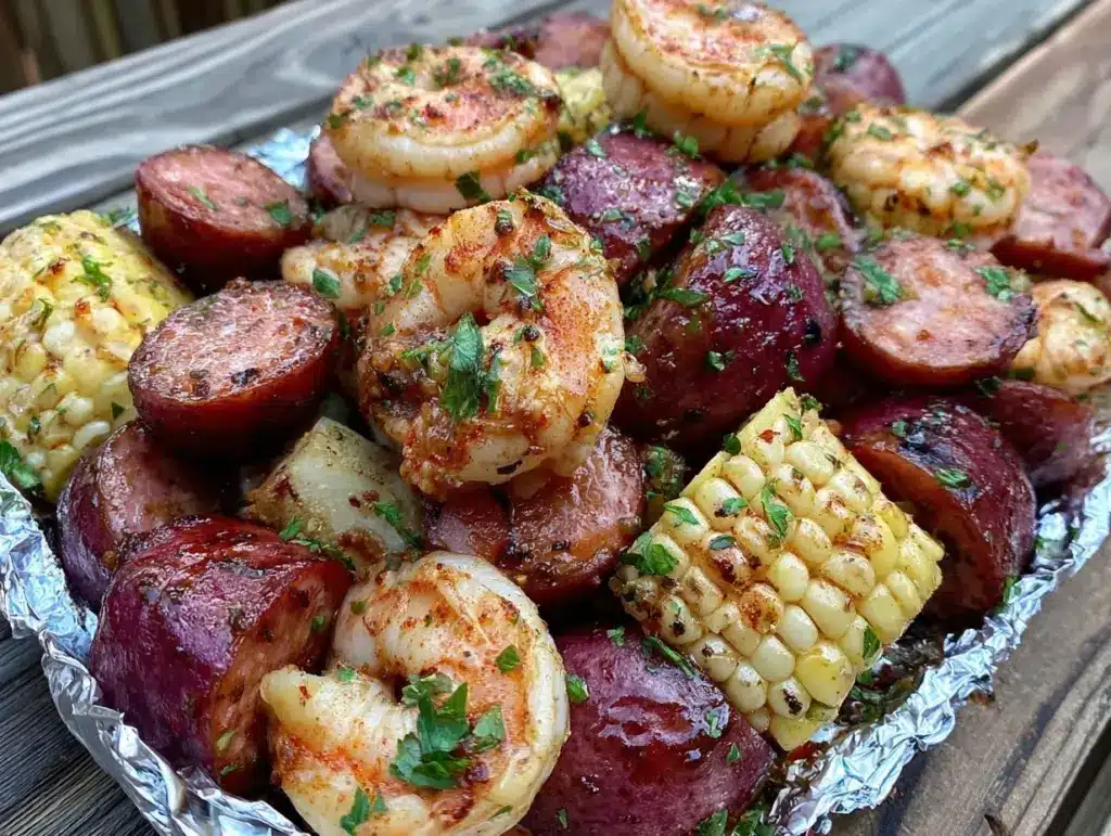spicy foil pack Cajun sausage and shrimp boil - featured image