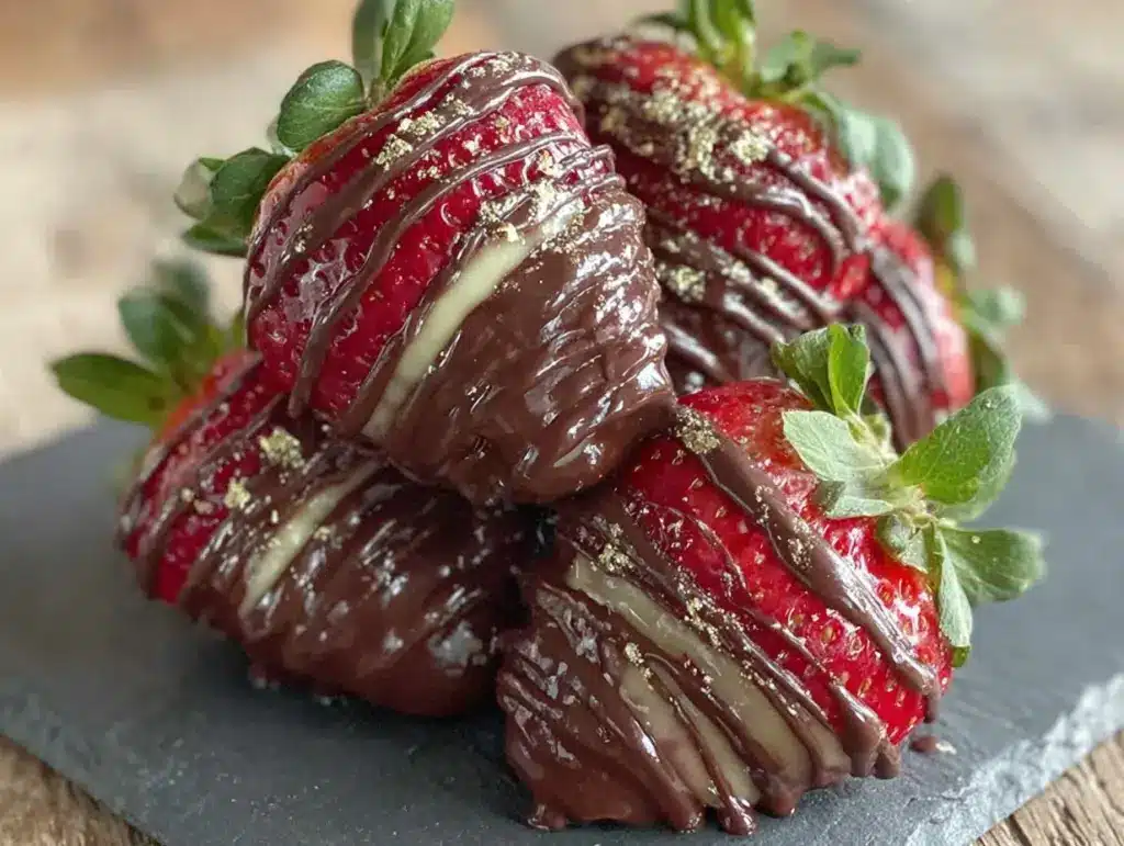 black and gold chocolate covered strawberry tower - featured image